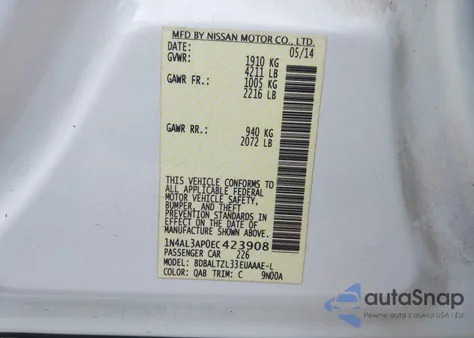 2014 Nissan Altima 2.5 Sv z USA, uszkodzony, nr VIN 1N4AL3AP0EC423908